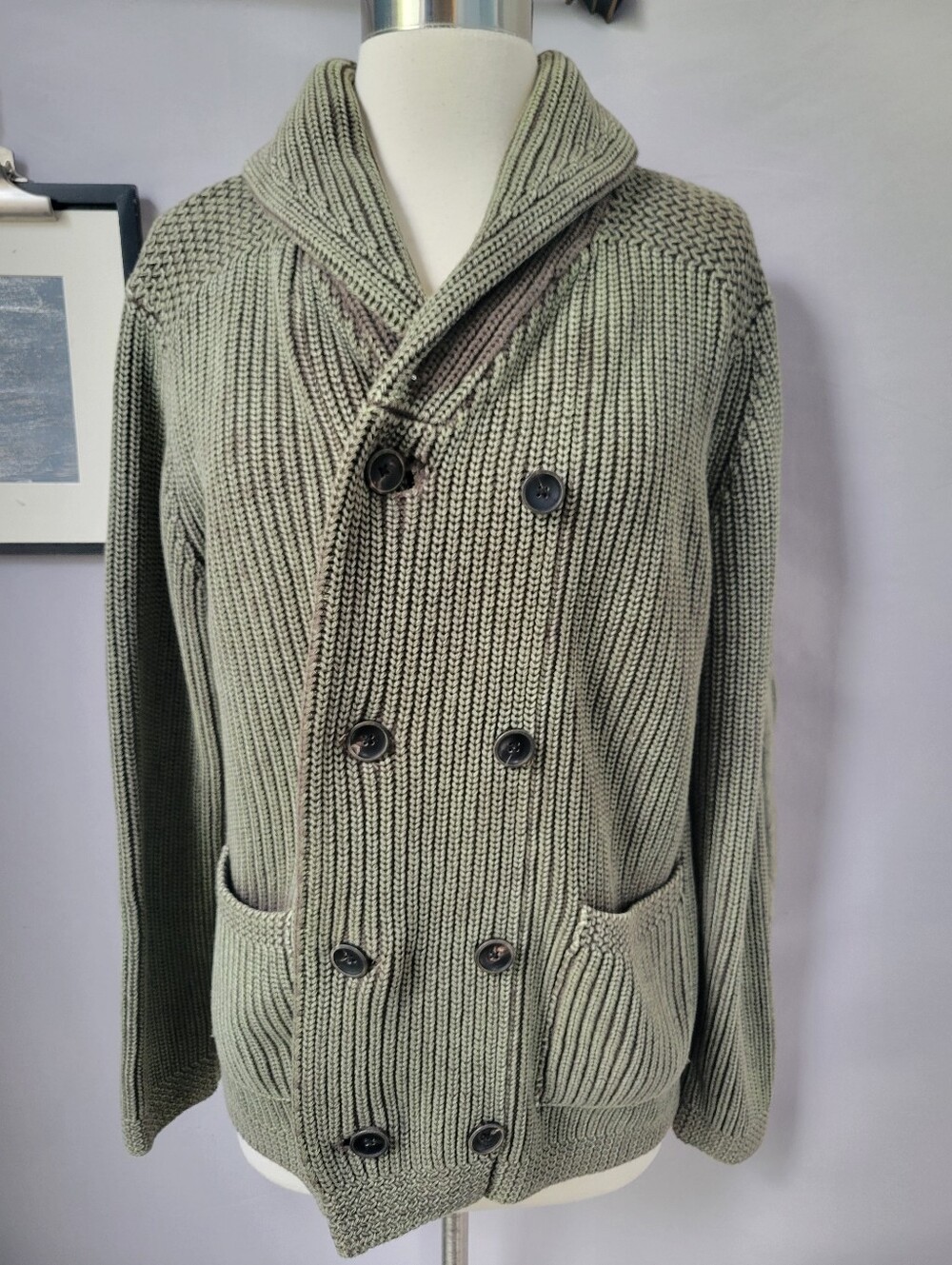 Kinross Stone Washed Shawl Collar Double Breasted Elbow Patch Cardigan Sweater M